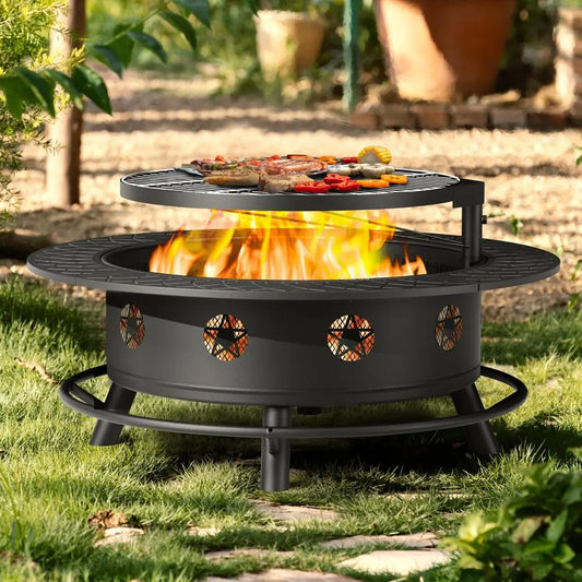 Inch Fire Pit with BBQ Grill, Wood Burning Fire Pits for Outside with Lid amp Poker, Extra Large Heavy Duty Firepits, BBQ amp O