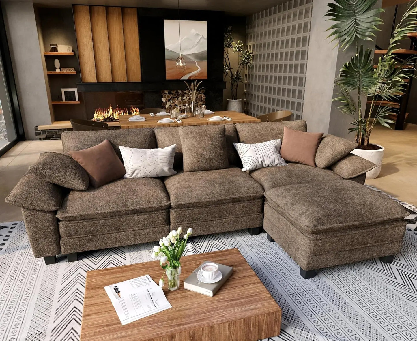 L Shaped Modular Cloud Couch, 123.6'' Comfy Chenille Sectional Sofa with Wider Armrest and Ottoman, Upholstered, Customized