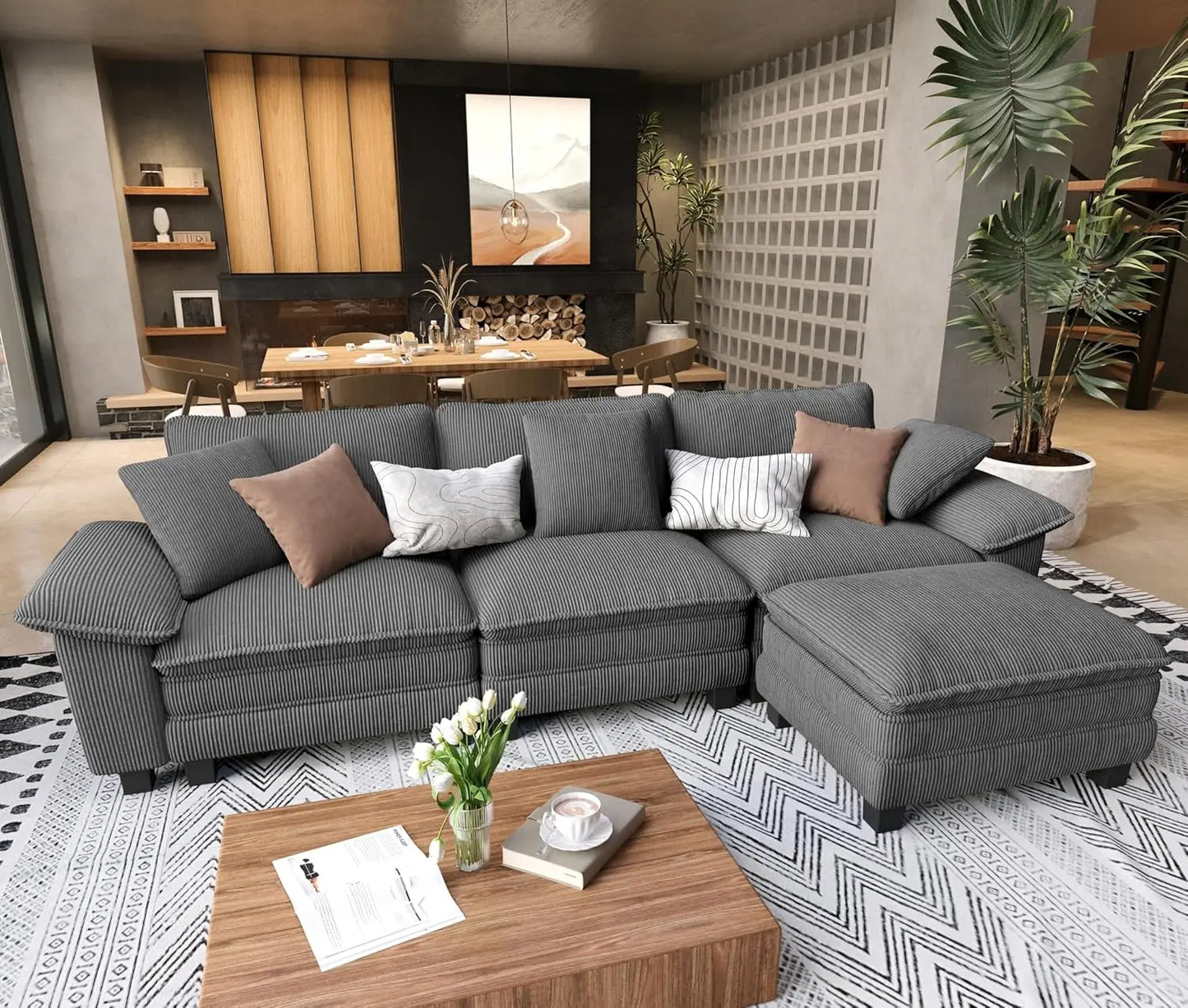 L Shaped Modular Cloud Couch, 123.6'' Comfy Chenille Sectional Sofa with Wider Armrest and Ottoman, Upholstered, Customized