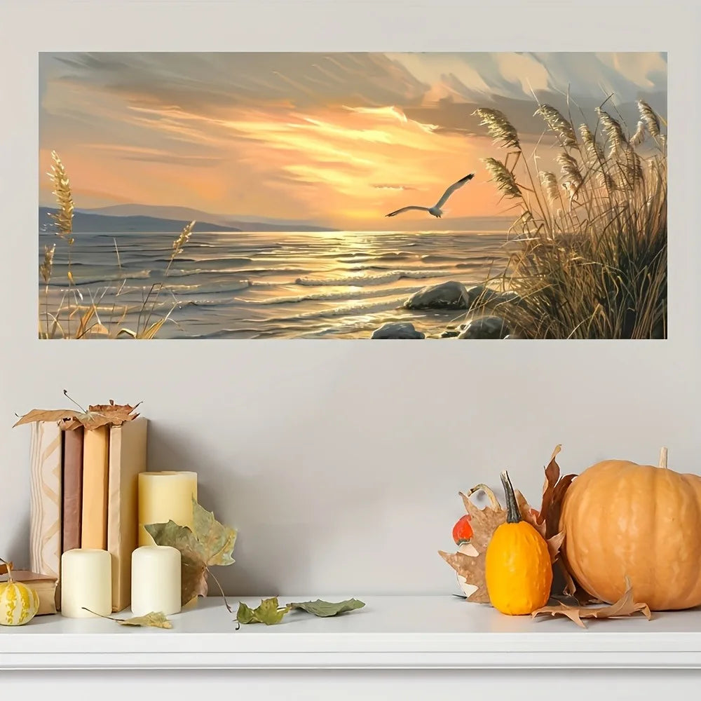 Sunset Beach Art canvas printed seascape painting, interior decorative painting poster, 1.5 inch thick pine solid wood frame