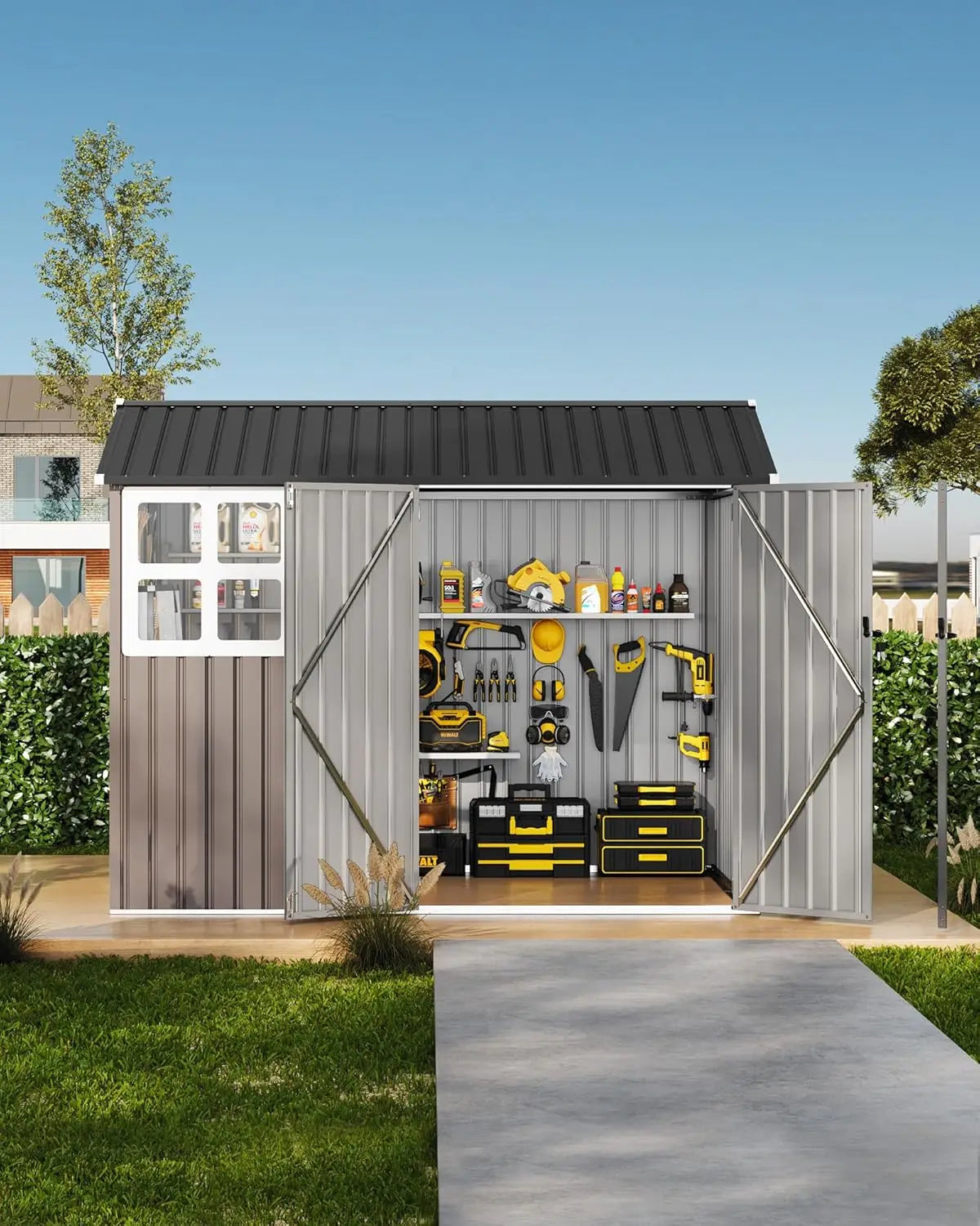 6x8 Ft Metal Outdoor Storage Shed Garden Tool Shelter with Updated Frame Structure Lockable Doors & Windows Ideal Customized Sol