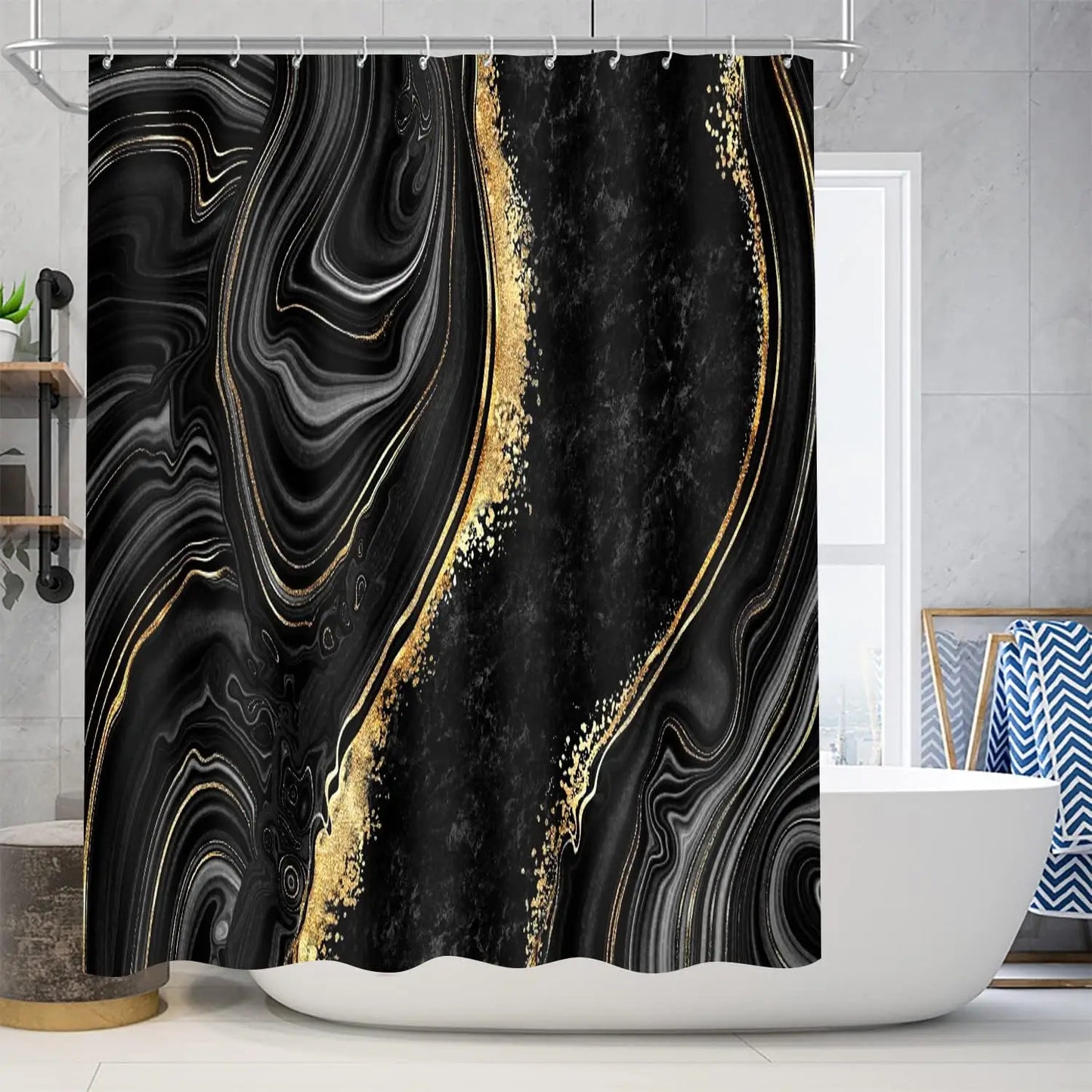 4-Piece Black Marble Shower Curtain Set with Gold Rugs, Modern Abstract Bathroom Decor Accessories Including Toilet Lid Cover