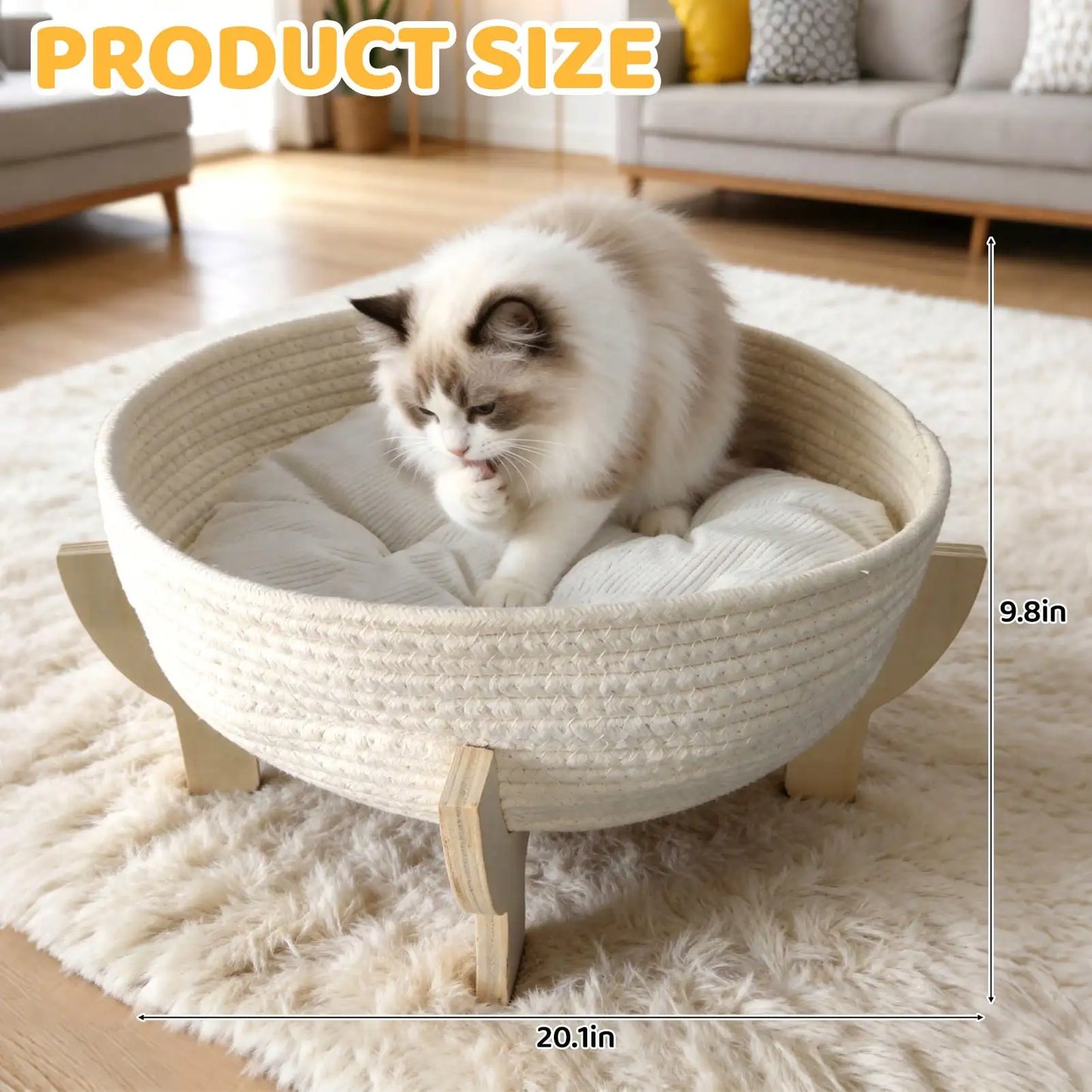 Raised Wooden Cat Bed Sofa with Fluffy Cushion, Elevated Pet Couch Lounge Chair for Indoor Cats, Puppies and Small Pets