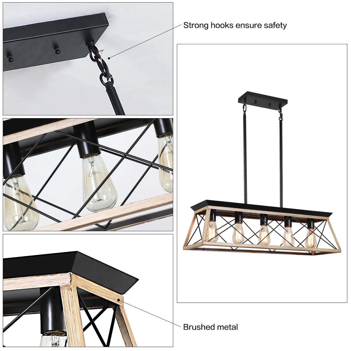 Farmhouse Chandeliers for Dining Room, 5-Light Rustic Kitchen Island Lighting, Adjustable Height Pendant Light Oak (No Bulbs)