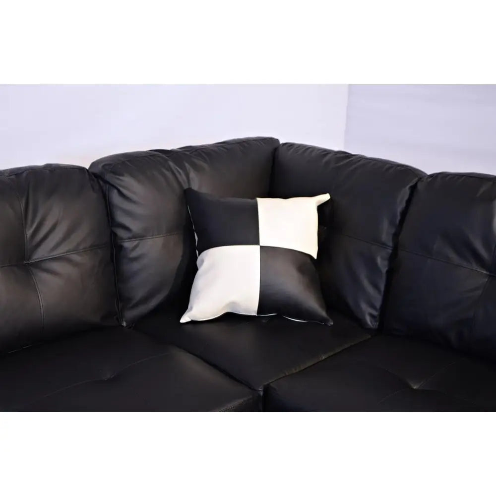 Sectional Sofa Set with Ottoman in Black Leather Style