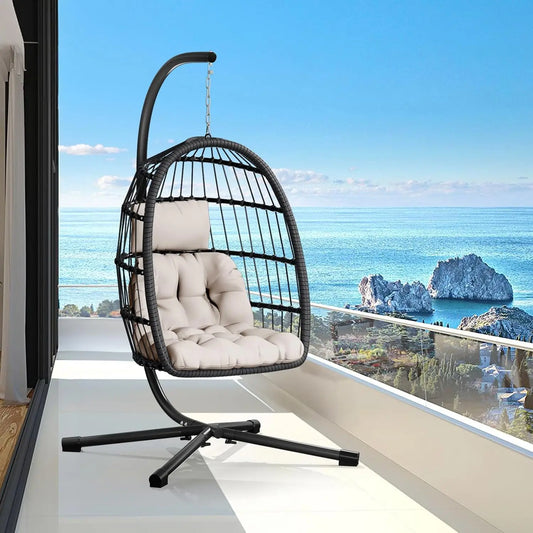 Double Egg Swing Chair with Stand - 2 Person Outdoor Patio Hanging Wicker Hammock Chair with Cushion, Customized