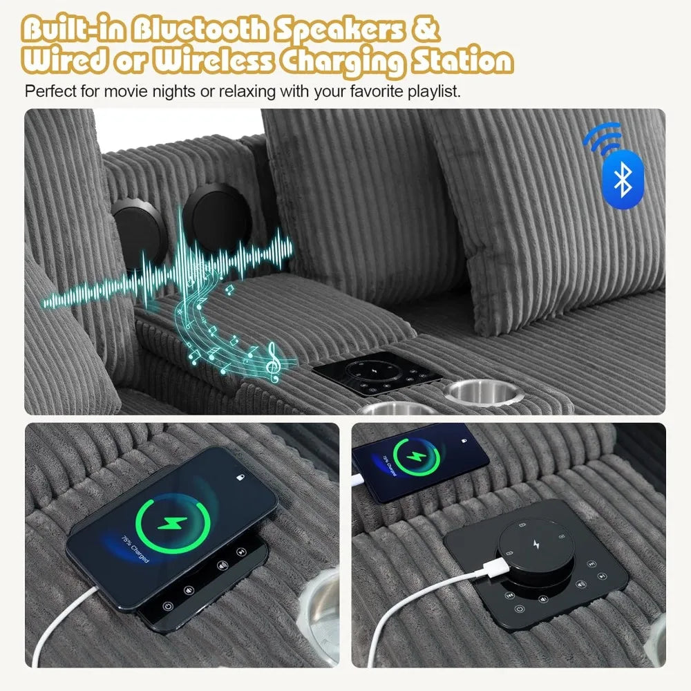Corduroy L-Shaped Sectional Sofa 114' with Bluetooth Speakers & USB Charging Comfy Reclining Couch with Ottoman And Cup Holders