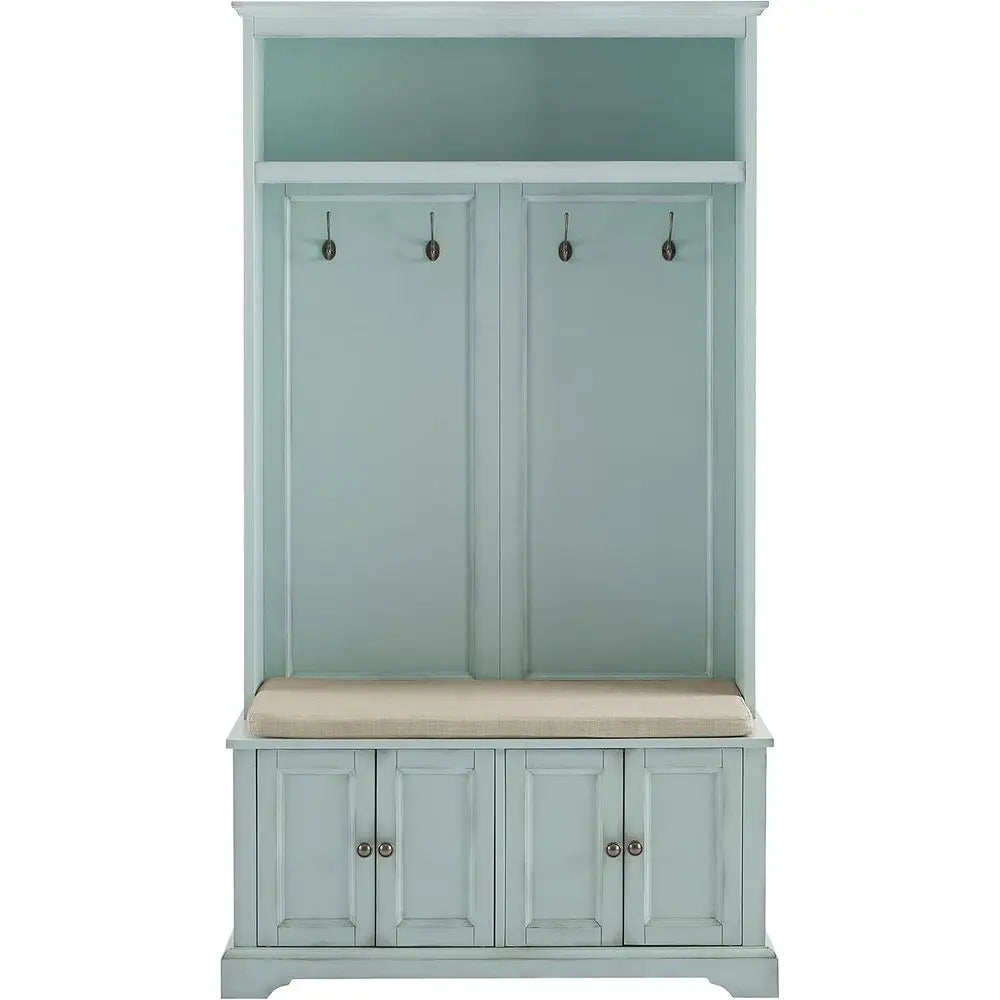 Holbrook Hall Tree with Shoe Rack Bench and Coat Hooks or Hanging Storage, Distred Seaoam Blue