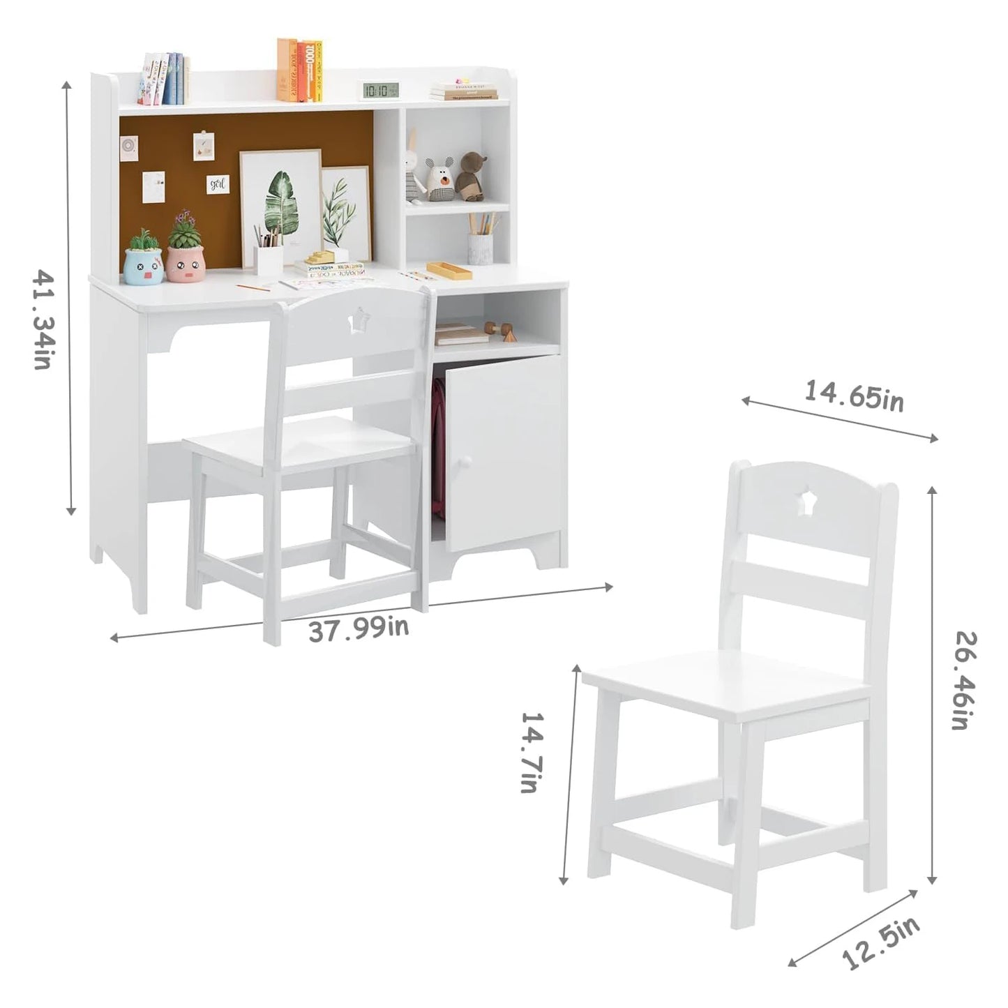 Kids Study Desk and Chair Set Wooden Student Writing Desk with Hutch & Storage Cabinet,Computer Workstation for Bedroom
