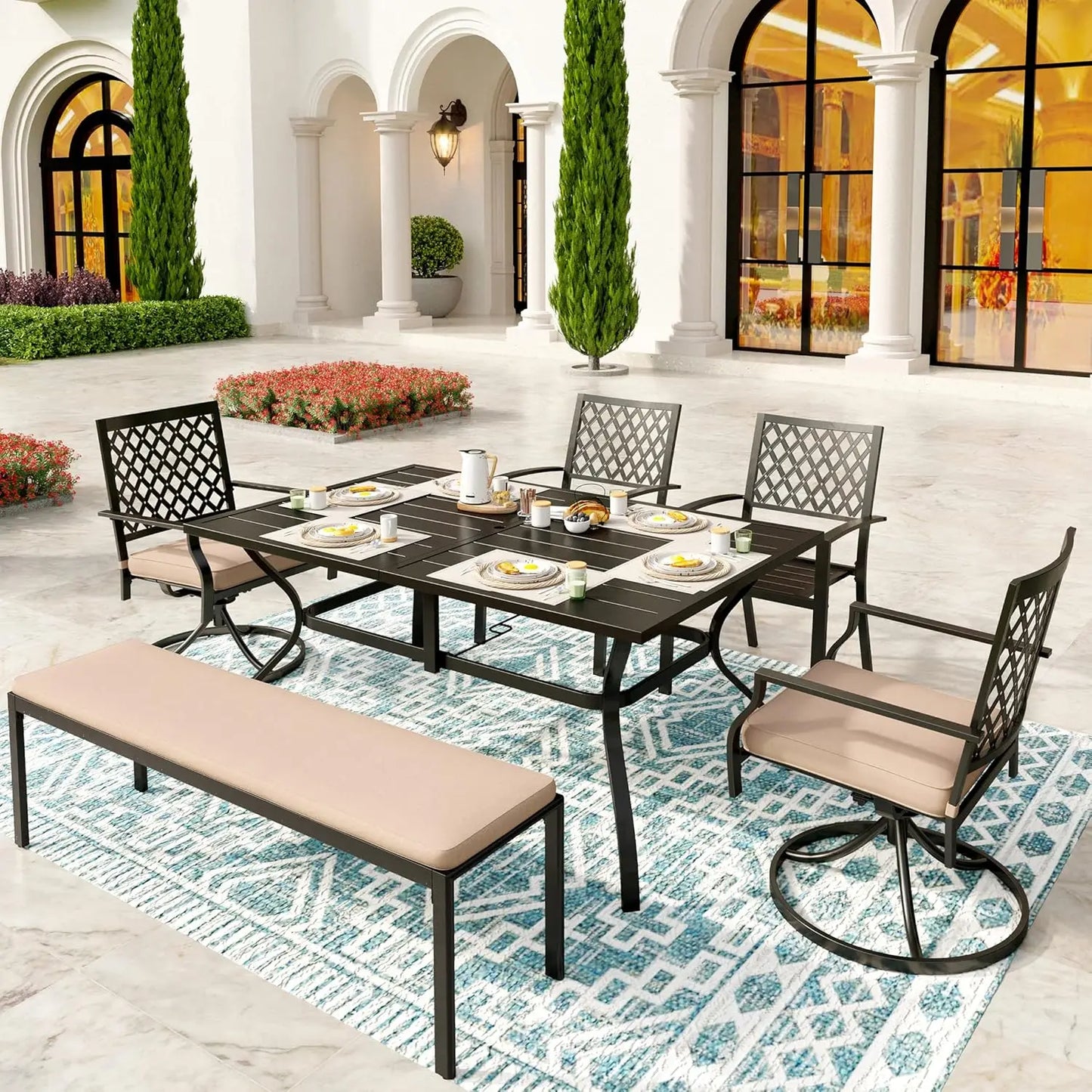 Sunshine Valle Patio Dining Set for 6, 60x38 Outdoor Table and Chairs Set with Umbrella Hole, 2 Leg Chairs, 2, Customized