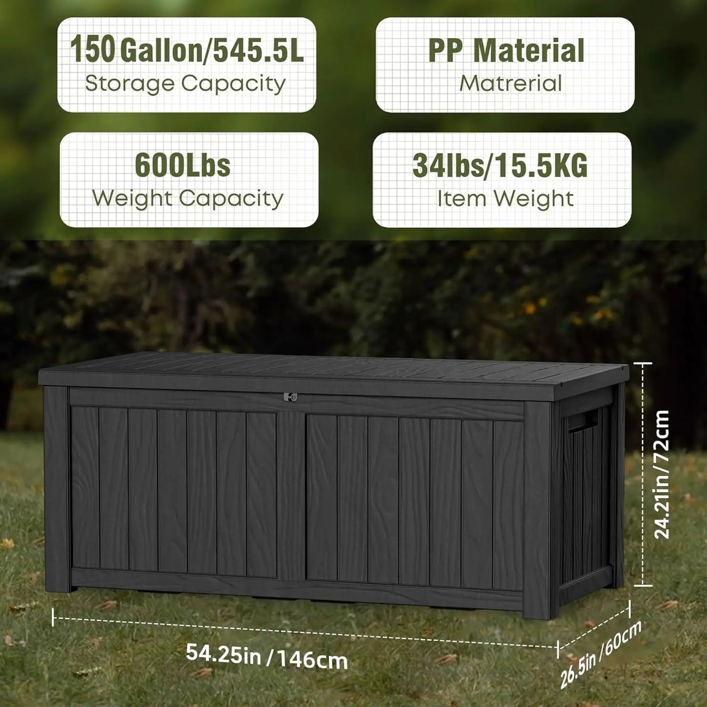 150 Gallon Waterproof Outdoor Storage Box Lockable Resin Deck Box for Patio Garden Tools Black