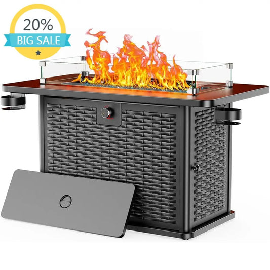 43 Outdoor Propane Fire Pit Table with 60k BTU Burner, Premium Glass Rocks, Wind Guard, Waterproof Cover, and Cup Holders for Pa