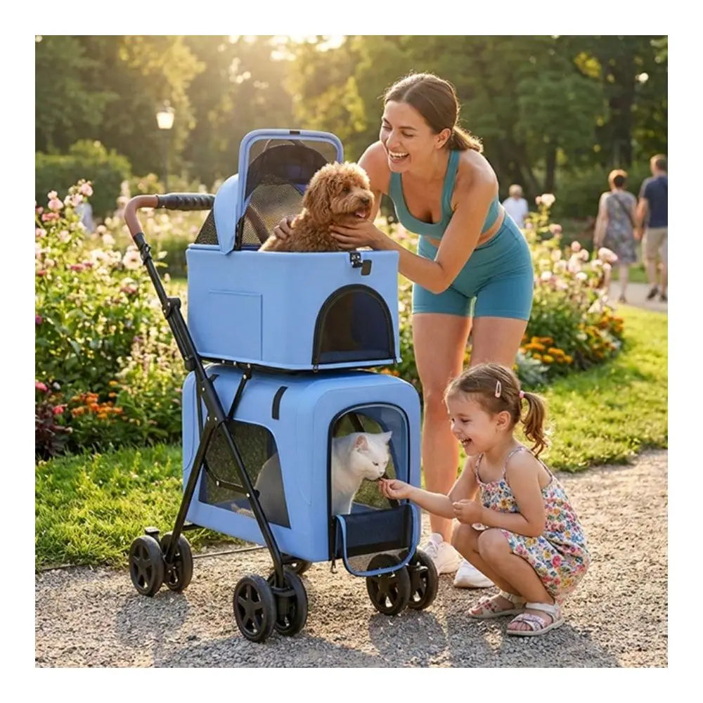 In 1 Foldable Double Pet Stroller For 2 Small Medium Dogs And Cats, Detachable Top Bottom Carriers, Breathable Mesh, OneClick F