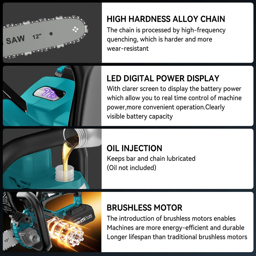 YEARTOP 12 Inch Brushless Electric Chainsaw LED Display Cordless Garden Woodworking Chain Saw Power Tool For Makita 18V Battery
