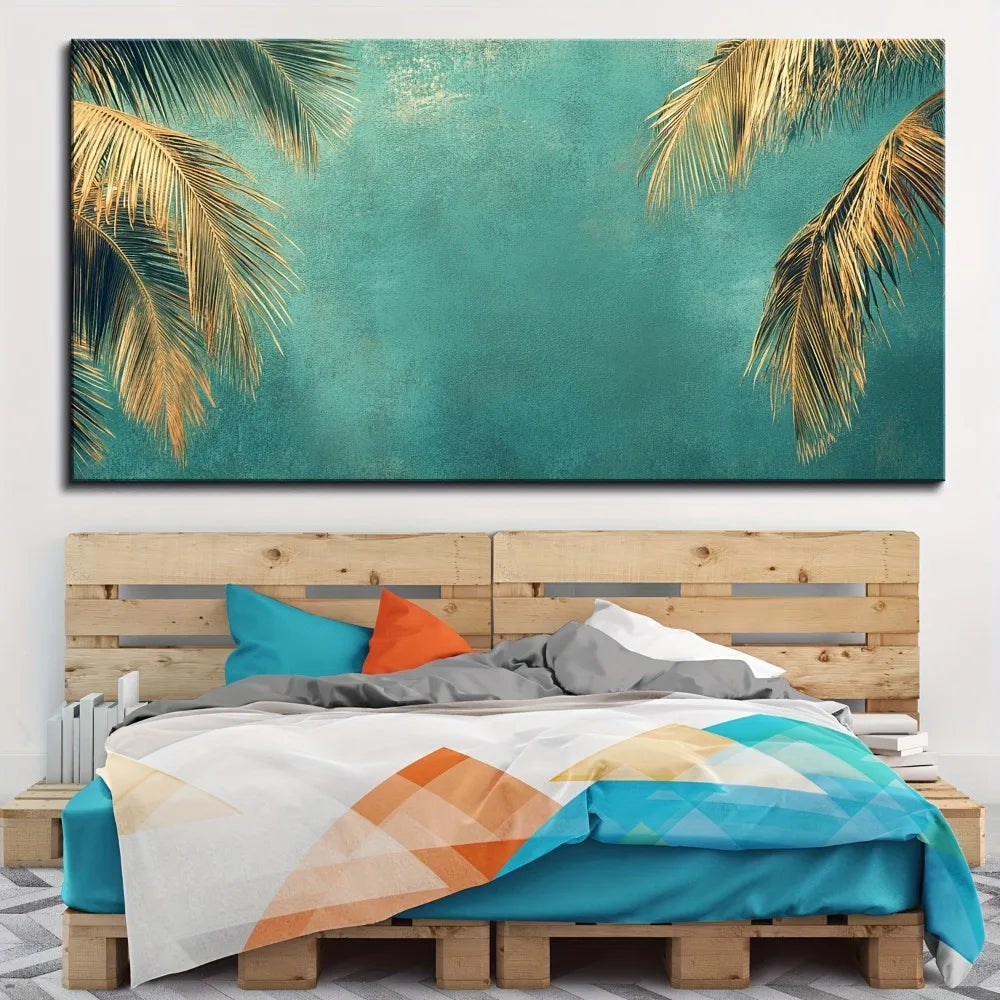 1.5 inch thick pine solid wood frame, mural oil painting, golden ocean beach palm tree, sunset landscape coconut tree