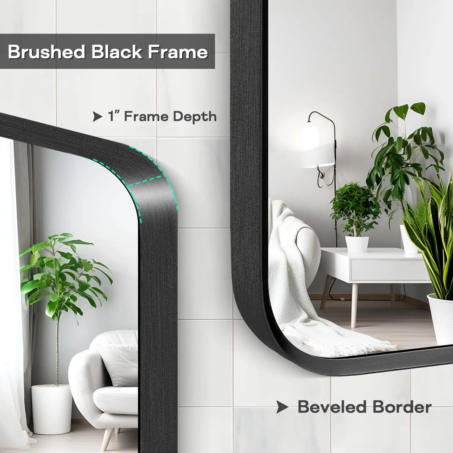 Wall Mount Bathroom Mirror, Brushed Black Metal Frame, Rounded Corner Rectangular Vanity Mirror (24" x 36", Black)
