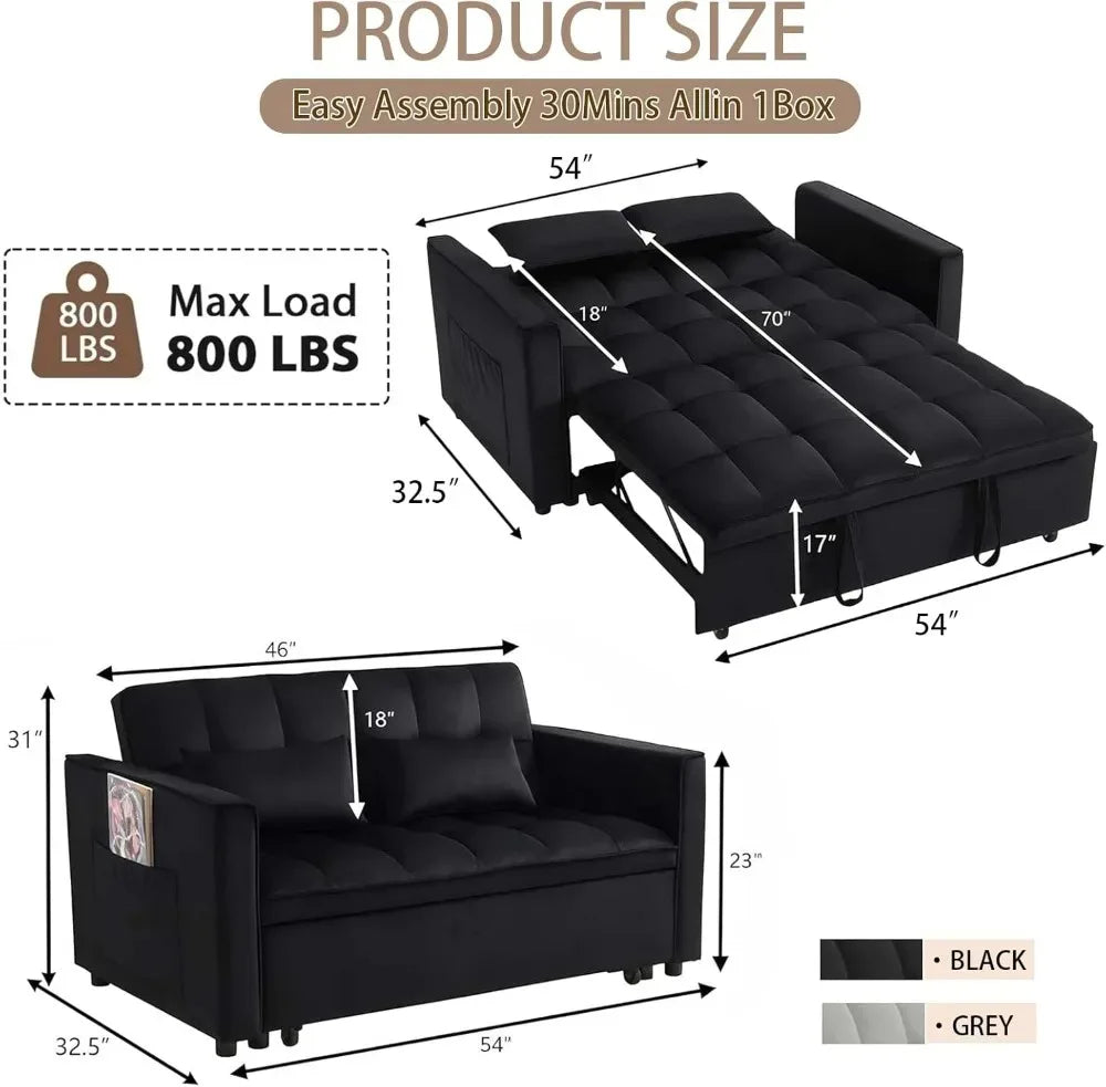 70" 3-in-1 Velvet Sleeper Sofa Bed, Convertible Pull Out Couch w/Adjustable Back & Storage, Black Futon for Small Space