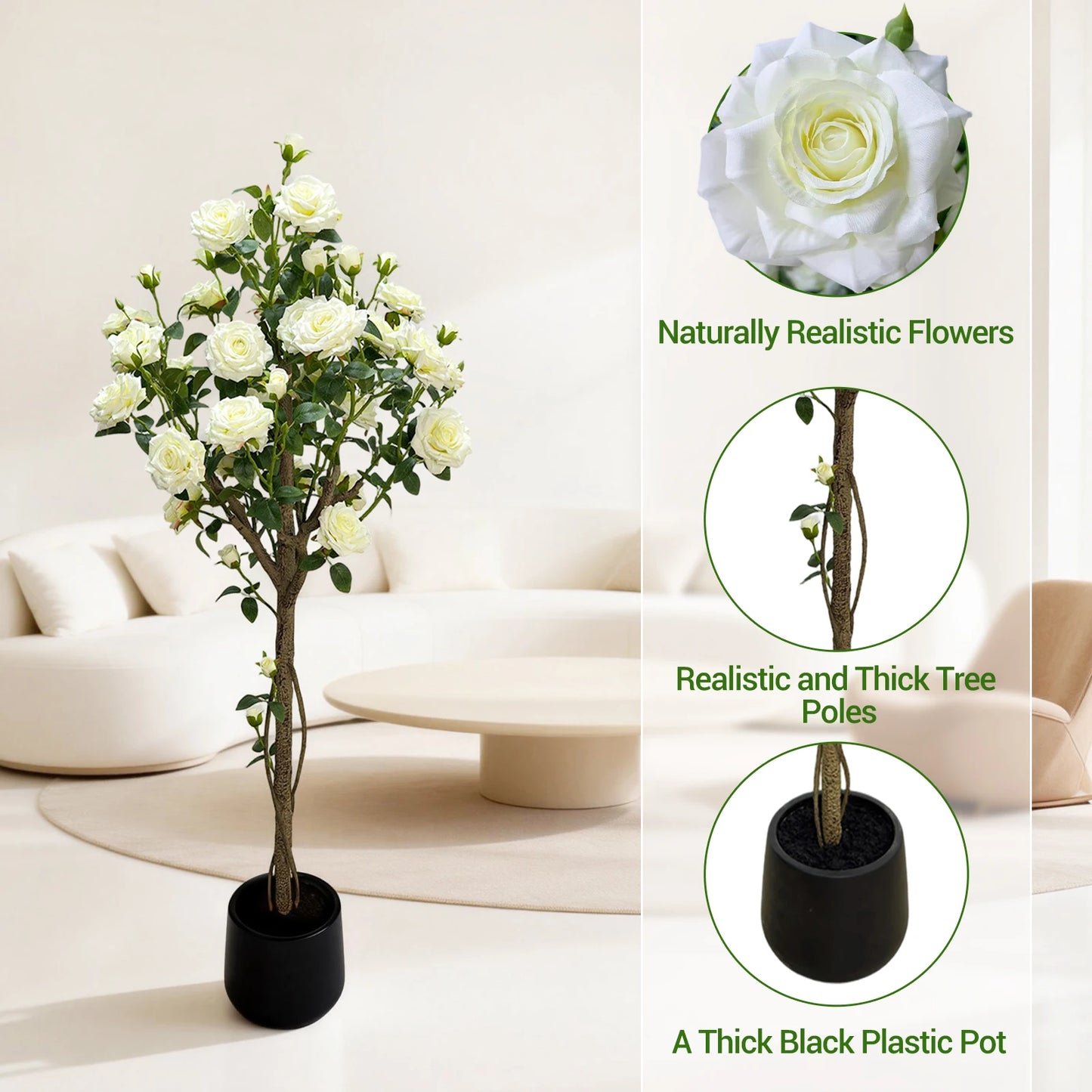 150cm  Fake Flower Tree Artificial White Rose Artificial Flowers Faux Trees Indoor Decor Trees for Home Living Room Porch Farmho