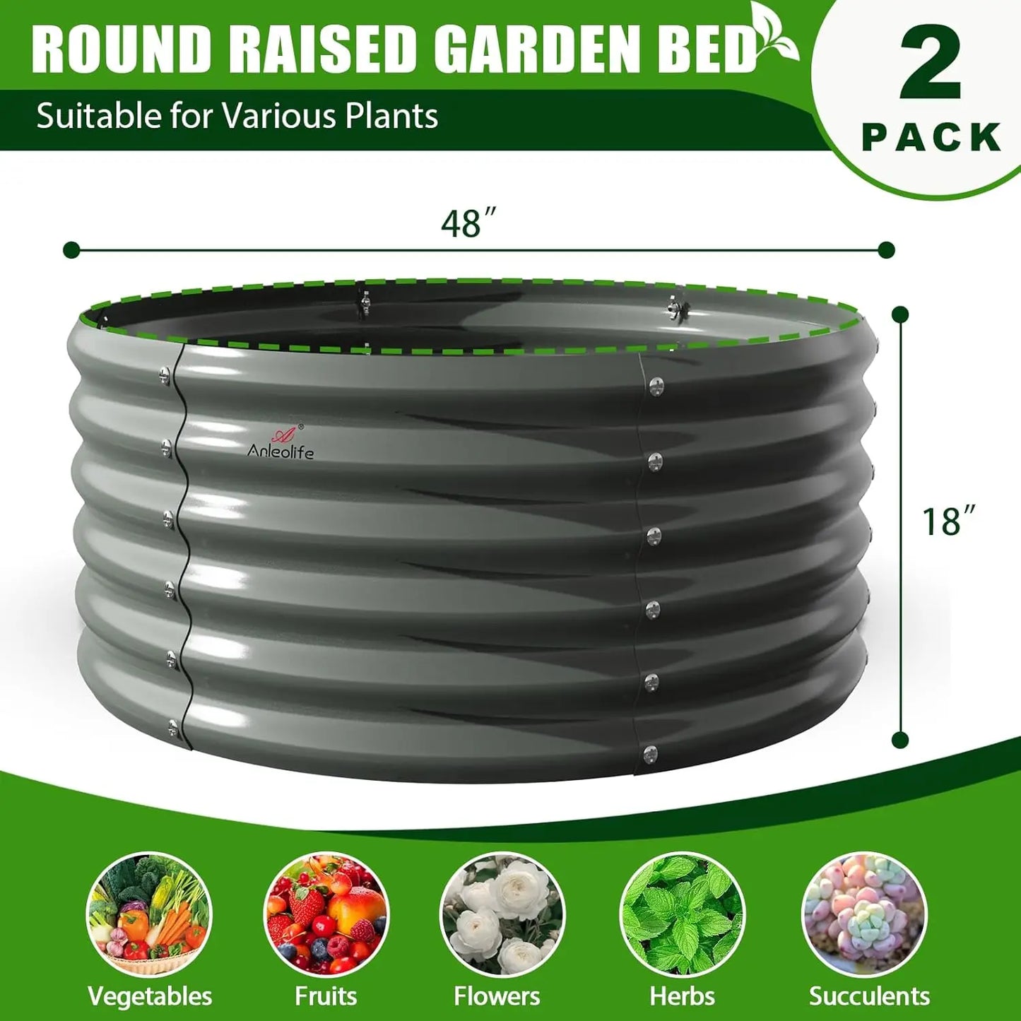 2-Pack 4ft x 18" Tall Galvanized Raised Garden Beds, Round Metal Planter Box for Vegetables Flowers Herb, Anti-Rust & Easy Setup