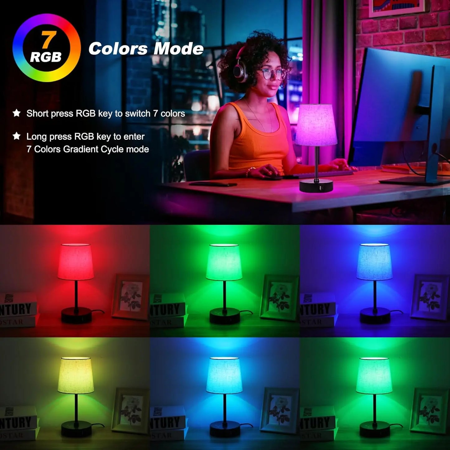 Set of 2 RGB Color Changing Nightstand Lamps, Dimmable with USB C+A Ports, Touch Control for Bedroom Living Room