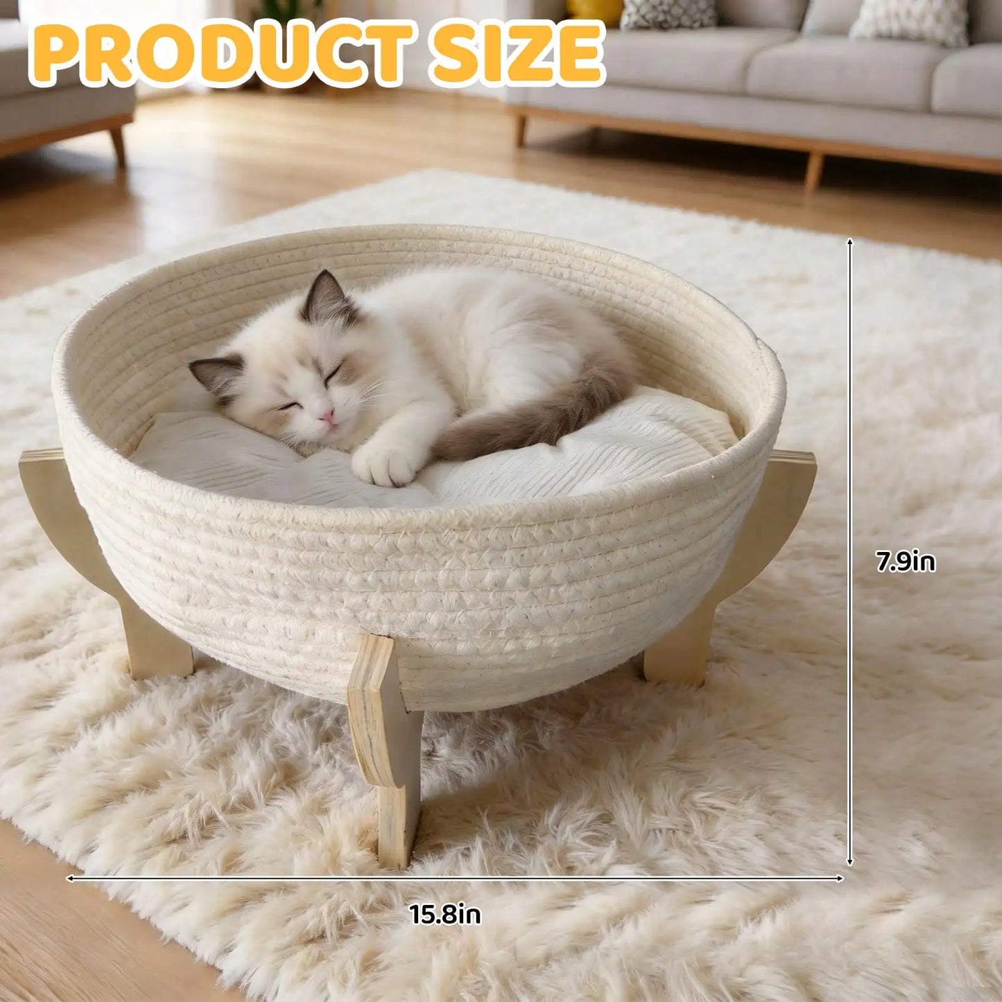 Raised Wooden Cat Bed Sofa with Fluffy Cushion, Elevated Pet Couch Lounge Chair for Indoor Cats, Puppies and Small Pets