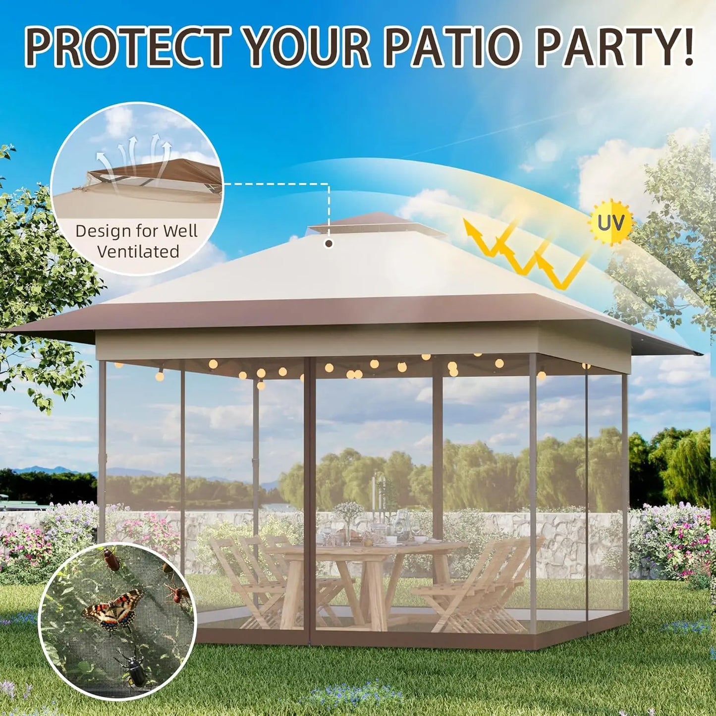 13x13 Pop Up Gazebo with Mosquito Netting – Easy 1-Person Setup, Water-Resistant Backyard Canopy for Family Patio & Garden Use,K