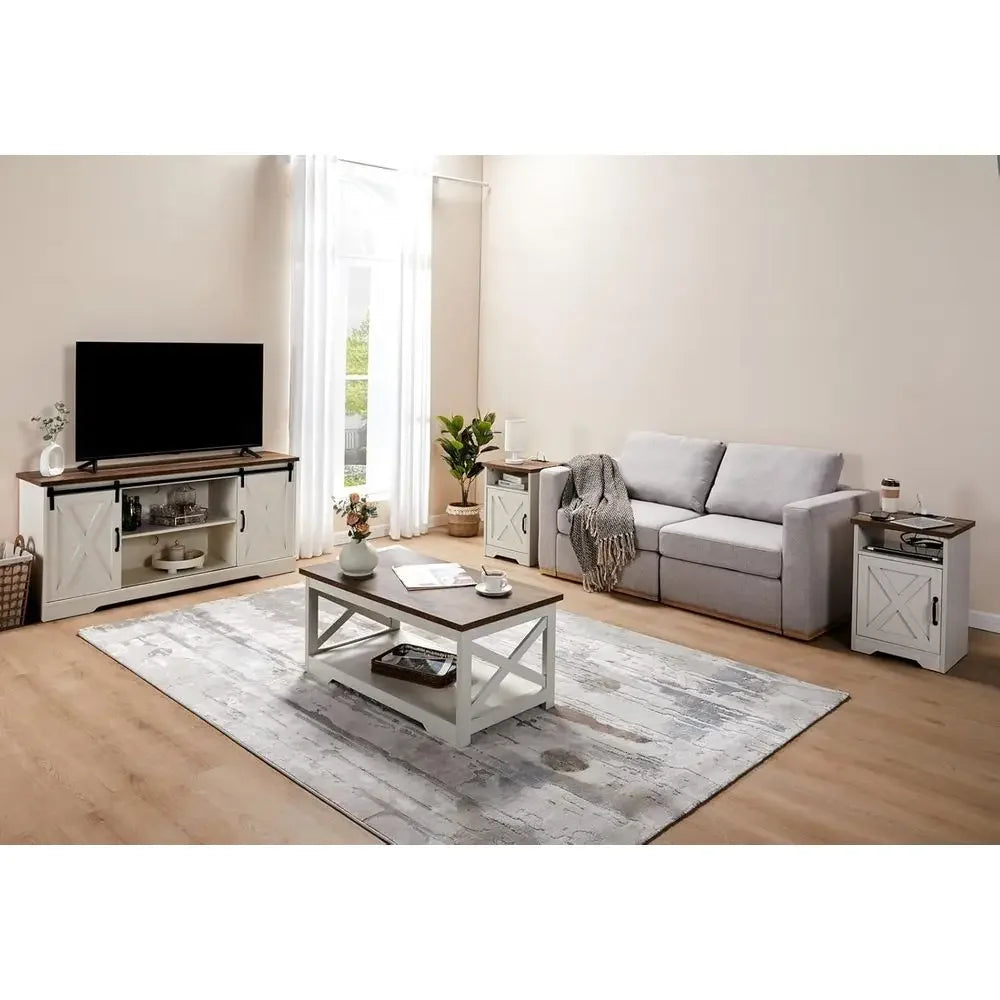 White 4-Piece Living Room Set: Sliding Door TV Stand, Coffee Table, 2 End Tables, Side Table with Charging Ports, 66
