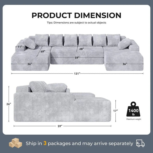 U Shaped Sectional Couches with Chaise Lounge, No Assembly Required Deep Seat Modular Cloud Sofa for Living Room 1PCS, BedroomL