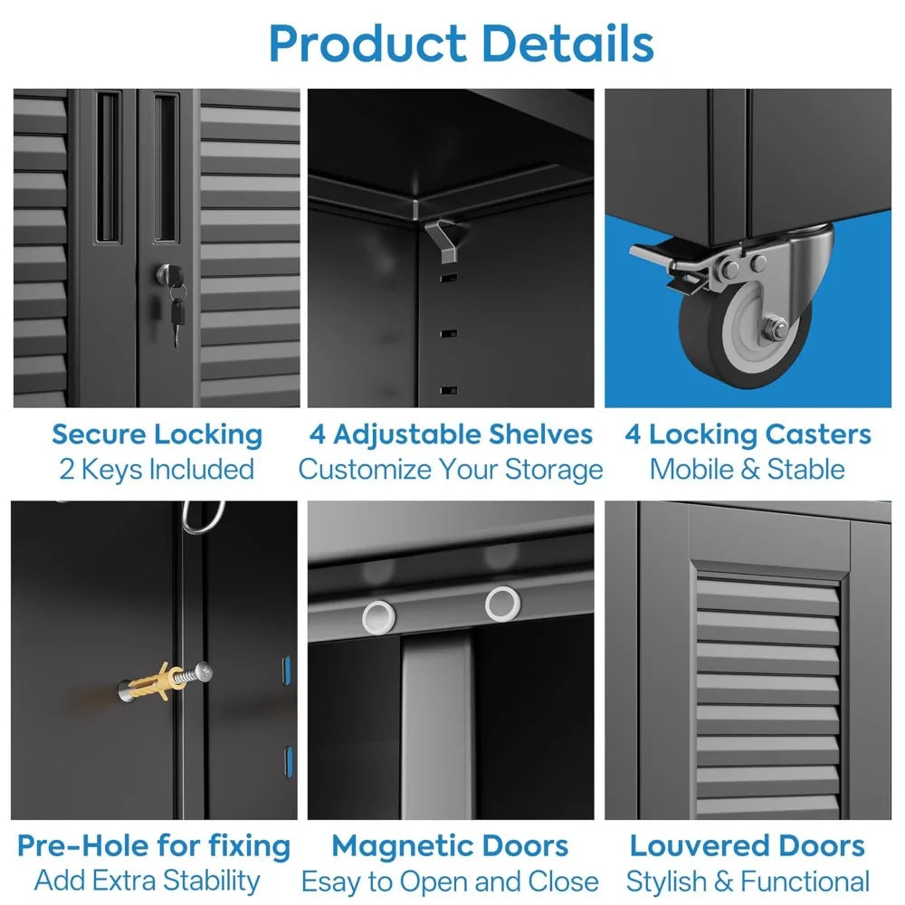 Lockable Metal Storage Cabinet with 4 Adjuatable Shelves,Garage Storage Cabinet with Wheels and 5 Remove, Customized