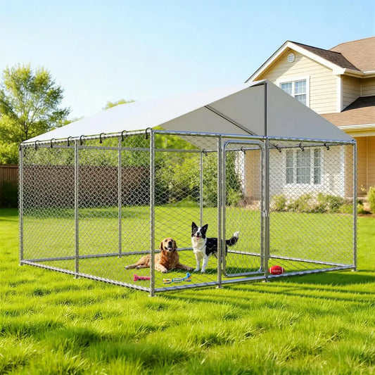 Large Outdoor Dog Kennel Outside for Large Dogs, Heavy Duty Dog Enclosure with Wire Mesh Fence, Lock amp Waterproof Cover