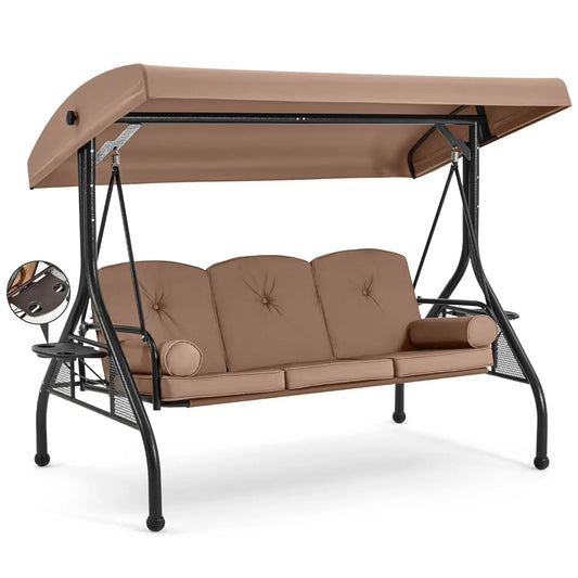 3 Seat Outdoor Porch Swing Bed Adjustable Canopy Convertible Patio Glider Cup Holder Cushions Pillow Backyard Customized